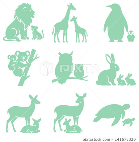Series of cute animal parent and baby silhouettes showcasing diverse wildlife in flat style Series of cute animal parent and baby silhouettes showcasing diverse wildlife in flat style 141675320