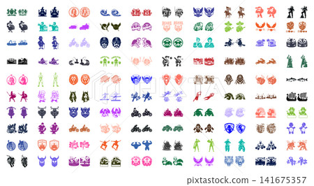 Set of colorful silhouette vector emblems featuring diverse animals and fantasy creatures for graphic design Set of colorful silhouette vector emblems featuring diverse animals and fantasy creatures for graphic design 141675357
