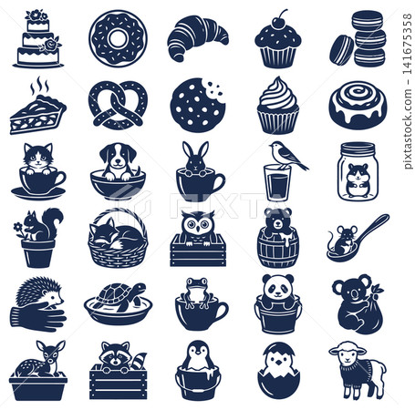 Set of cute animal and bakery vector icons featuring delicious treats and friendly forest creatures Set of cute animal and bakery vector icons featuring delicious treats and friendly forest creatures 141675358