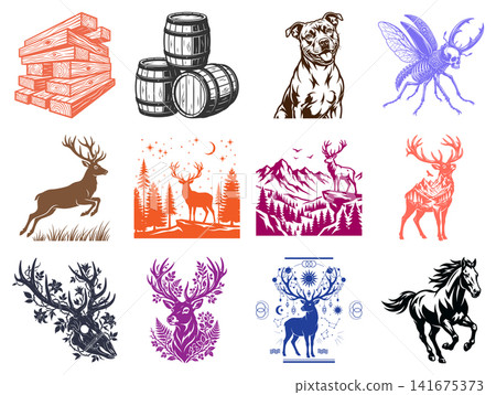 Set of deer themed vector illustrations showing antlers forest scenes and nature inspired wildlife animal icons Set of deer themed vector illustrations showing antlers forest scenes and nature inspired wildlife animal icons 141675373