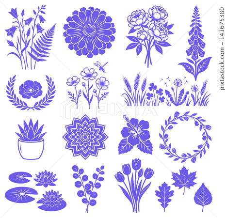 Set of diverse floral vectors including peonies and water lilies for botanical pattern design elements Set of diverse floral vectors including peonies and water lilies for botanical pattern design elements 141675380