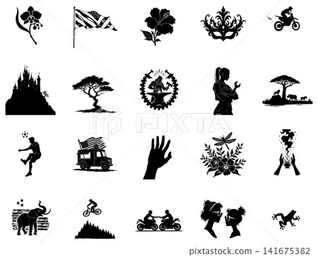 Set of diverse silhouette icons featuring animals plants people and mystical symbols for creative design projects Set of diverse silhouette icons featuring animals plants people and mystical symbols for creative design projects 141675382
