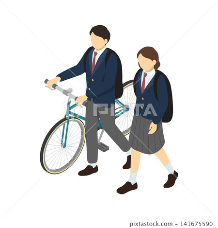 等距插圖：高中情侶步行（穿著冬季服裝） 141675590