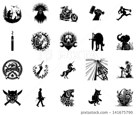 Silhouette illustration of a hunter kneeling in the forest with a deer and pine trees 141675790