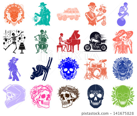 Vintage style vector illustration collection featuring various skulls and skeleton figures performing different human activities Vintage style vector illustration collection featuring various skulls and skeleton figures performing different human activities 141675828