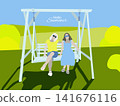 summer fields landscape with two woman on a swing. 141676116