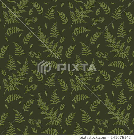 Fern leaves seamless pattern. Vector forest illustration. Simple goblincore style. Template for textile, wallpaper, paper, print. Dark background. Fern leaves seamless pattern. Vector forest illustration. Simple goblincore style. Template for textile, wallpaper, paper, print. Dark background. 141676142