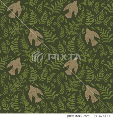 Seamless pattern with fern leaves and birds. Vector forest illustration. Simple goblincore style. Template for textile, wallpaper, paper, print. Dark green background.  141676144