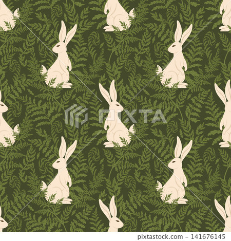 Seamless pattern with fern leaves and rabbits. Vector forest illustration with foliage and hare. Goblincore style. Template for textile, wallpaper, paper, print. Dark green background. Seamless pattern with fern leaves and rabbits. Vector forest illustration with foliage and hare. Goblincore style. Template for textile, wallpaper, paper, print. Dark green background. 141676145