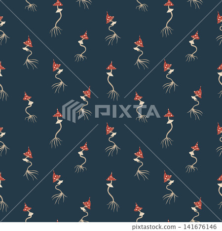 Mushrooms autumn seamless pattern. Vector illustration with fly agaric. Cottagecore, goblincore aesthetics. Natural trendy print. Modern art, hand drawn, flat design. Mushrooms autumn seamless pattern. Vector illustration with fly agaric. Cottagecore, goblincore aesthetics. Natural trendy print. Modern art, hand drawn, flat design. 141676146