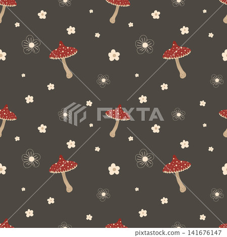 Mushrooms autumn seamless pattern. Natural trendy print. Vector illustration with fly agaric, small abstract flowers. Cottagecore, goblincore aesthetics. Trendy modern art, hand drawn, flat design. 141676147