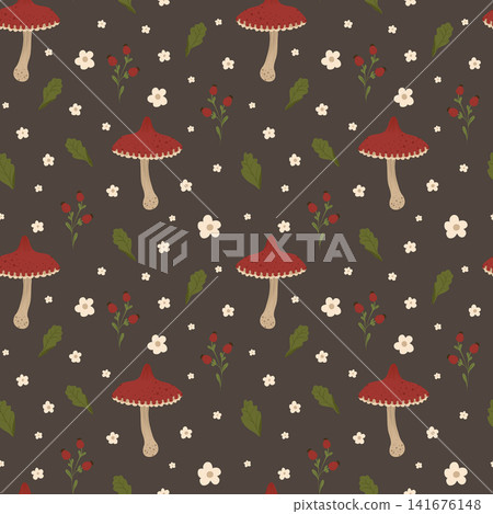 Mushrooms autumn seamless pattern. Natural print. Vector illustration with fly agaric, small abstract flowers, rosehip berries and leaves. Cottagecore, goblincore aesthetics. Trendy modern art, Mushrooms autumn seamless pattern. Natural print. Vector illustration with fly agaric, small abstract flowers, rosehip berries and leaves. Cottagecore, goblincore aesthetics. Trendy modern art, 141676148