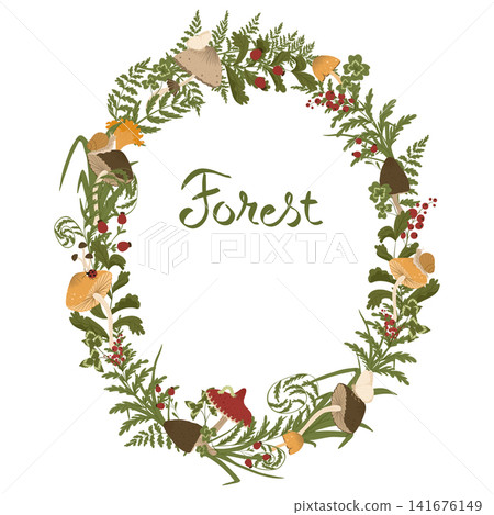 Mushrooms circle frame. Wreath with forest harvest. Autumn illustration with forest mushrooms, fern, grass, berries, bugs. Vector print design. White background. Mushrooms circle frame. Wreath with forest harvest. Autumn illustration with forest mushrooms, fern, grass, berries, bugs. Vector print design. White background. 141676149