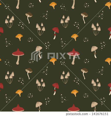 Mushrooms autumn seamless pattern. Natural trendy print. Vector illustration with fky agaric, parasol, honey agaric, chanterelle. Cottagecore, goblincore aesthetics. Trendy modern art, hand drawn Mushrooms autumn seamless pattern. Natural trendy print. Vector illustration with fky agaric, parasol, honey agaric, chanterelle. Cottagecore, goblincore aesthetics. Trendy modern art, hand drawn 141676151