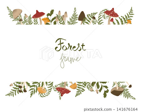 Mushrooms horisontal frame. Autumn illustration with forest mushrooms and fern leaves. Vector banner for web design, print, advertising, packaging. White background. Mushrooms horisontal frame. Autumn illustration with forest mushrooms and fern leaves. Vector banner for web design, print, advertising, packaging. White background. 141676164