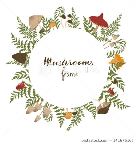 Mushrooms circle frame. Uncut elements. Autumn illustration with forest mushrooms and fern. Vector print design. White background. Mushrooms circle frame. Uncut elements. Autumn illustration with forest mushrooms and fern. Vector print design. White background. 141676165
