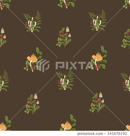 Autumn mushrooms seamless pattern. Vector illustration with fern leaves, agaric, berries. Cottagecore aesthetics. Template for textile, wallpaper, paper, print. Brown background. Autumn mushrooms seamless pattern. Vector illustration with fern leaves, agaric, berries. Cottagecore aesthetics. Template for textile, wallpaper, paper, print. Brown background. 141676192