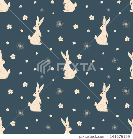 Seamless pattern with rabbit and abstract flowers. Vector illustration. Simple design. Template for textile, wallpaper, paper, print. Dark blue background. Seamless pattern with rabbit and abstract flowers. Vector illustration. Simple design. Template for textile, wallpaper, paper, print. Dark blue background. 141676199