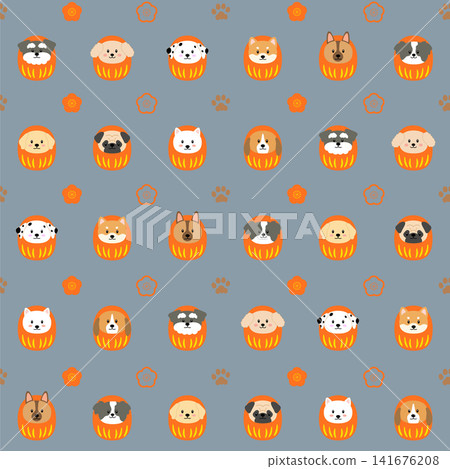 Japanese-style seamless pattern of various dog breeds, Daruma dolls, plum blossoms, and paw prints - Vector background material - Blue Japanese-style seamless pattern of various dog breeds, Daruma dolls, plum blossoms, and paw prints - Vector background material - Blue 141676208