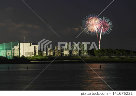 Factory night view and fireworks Factory night view and fireworks 141676221