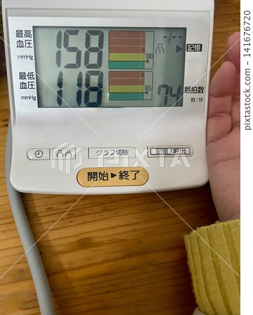 Screenshot of a digital blood pressure monitor showing high blood pressure (158/118) Screenshot of a digital blood pressure monitor showing high blood pressure (158/118) 141676720