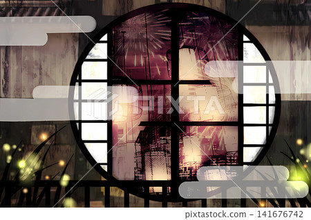 Game background: Japanese-style lanterns, fireworks, and fireflies at night Game background: Japanese-style lanterns, fireworks, and fireflies at night 141676742