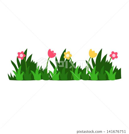 illustration of pink and yellow flowers in grass illustration of pink and yellow flowers in grass 141676751