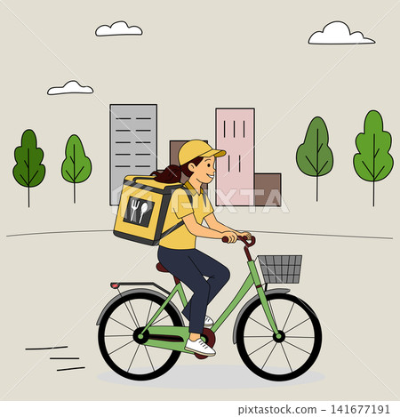Delivery courier riding bicycle with food box transport service in city background eco friendly logistics express shipping graphic clipart artwork design icon illustration Delivery courier riding bicycle with food box transport service in city background eco friendly logistics express shipping graphic clipart artwork design icon illustration 141677191