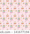 Cute birthday cake and gift box seamless pattern party celebration dessert surprise pink repeat background wallpaper wrapping paper print graphic clipart artwork design 141677194