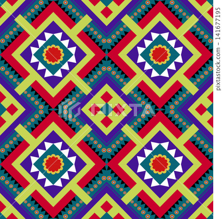 Aztec Maya ethnic geometric seamless pattern vibrant tribal fabric texture traditional ornament repeat background wallpaper carpet print graphic clipart artwork design 141677195