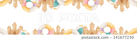 A seamless vector border featuring sandcastles and beach balls A seamless vector border featuring sandcastles and beach balls 141677230