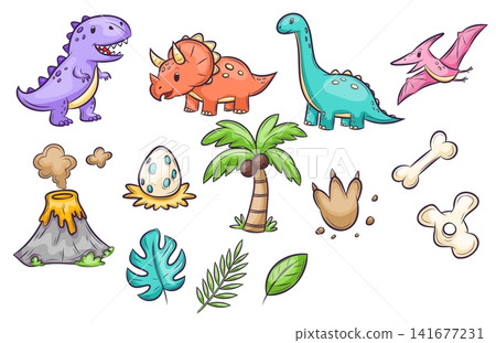 Vector set of dinosaurs and prehistoric elements Vector set of dinosaurs and prehistoric elements 141677231