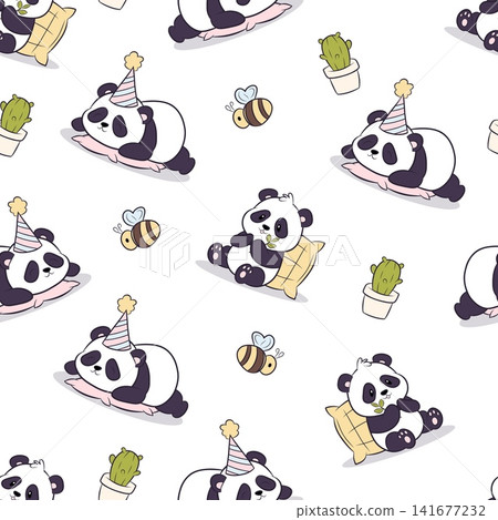 Vector seamless pattern featuring pandas and plants Vector seamless pattern featuring pandas and plants 141677232
