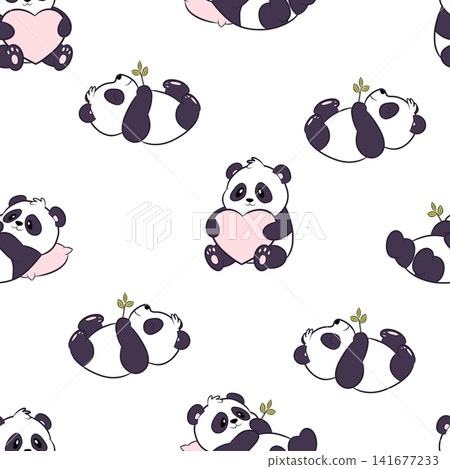 Vector seamless pattern featuring cute pandas and plants Vector seamless pattern featuring cute pandas and plants 141677233