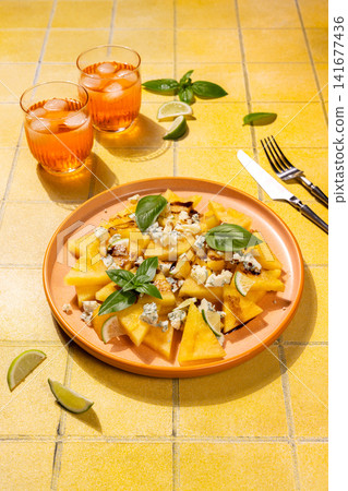 Grilled pineapple salad with blue cheese and basil Grilled pineapple salad with blue cheese and basil 141677436