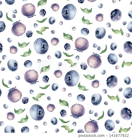 Watercolor bright berries and green leaves seamless pattern isolated on white. Repeat textile print design for summer wallpaper or wrapping paper. Blueberry superfood hand drawn endless background. 141677922