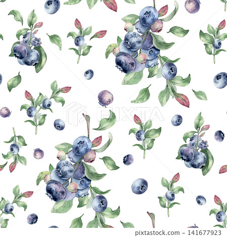 Blueberry plants summer pattern watercolor drawing isolated white. Seamless wallpaper with wild berry and green leaf on repeat background. Fresh ripe fruits textile print design for kitchen decor. 141677923