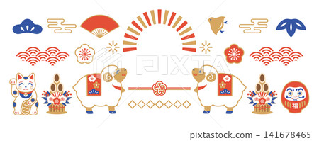2027羊年新年賀卡橫幅插圖:羊和日式圖案設計 2027羊年新年賀卡橫幅插圖:羊和日式圖案設計 141678465