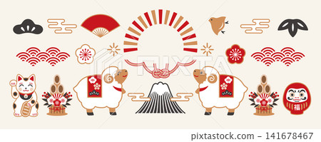 2027 Year of the Sheep New Year's card banner illustration: Sheep and Mount Fuji design 2027 Year of the Sheep New Year's card banner illustration: Sheep and Mount Fuji design 141678467