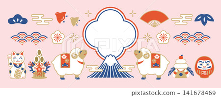2027 Year of the Sheep New Year's card banner illustration: Sheep and Mount Fuji design 2027 Year of the Sheep New Year's card banner illustration: Sheep and Mount Fuji design 141678469