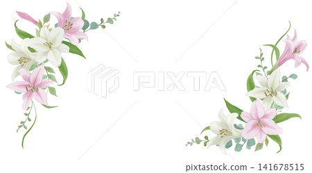 水彩插畫,邊框為白色和粉紅色百合花。 水彩插畫,邊框為白色和粉紅色百合花。 141678515