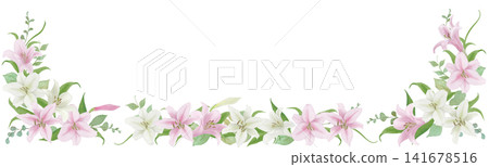水彩插畫，邊框為白色和粉紅色百合花。 141678516