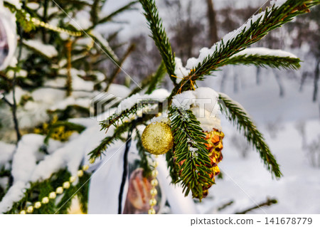 A tree stands in the snow decorated with ornaments and a pine cone. It is wintertime and the landscape is covered in white snow 141678779