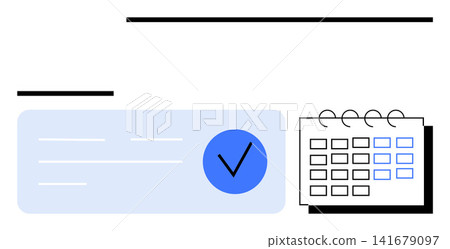Online scheduling, task management, productivity, organization, verification, workflow efficiency. Blue verification checkmark alongside a calendar. Scheduling and task management concept Online scheduling, task management, productivity, organization, verification, workflow efficiency. Blue verification checkmark alongside a calendar. Scheduling and task management concept 141679097