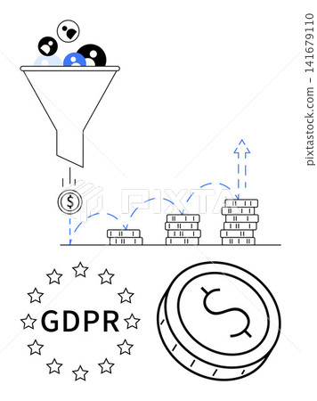 Data privacy, financial growth, digital security, GDPR compliance, analytics, business revenue. A funnel with data, coins and GDPR compliance symbols. Data privacy and financial growth concept Data privacy, financial growth, digital security, GDPR compliance, analytics, business revenue. A funnel with data, coins and GDPR compliance symbols. Data privacy and financial growth concept 141679110