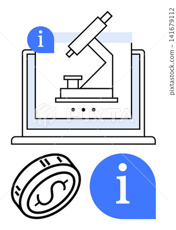 Online learning, scientific innovation, research funding, education technology, data analysis, information sharing. Microscope on a laptop with dollar coin and info icons. Online learning Online learning, scientific innovation, research funding, education technology, data analysis, information sharing. Microscope on a laptop with dollar coin and info icons. Online learning 141679112