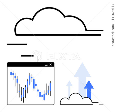 Cloud technology, stock market analysis, data visualization, business growth, digital trends, investment tracking. Graph with rising arrows and cloud icon. Cloud technology and stock market analysis Cloud technology, stock market analysis, data visualization, business growth, digital trends, investment tracking. Graph with rising arrows and cloud icon. Cloud technology and stock market analysis 141679117