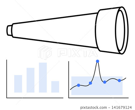 Business analytics, data visualization, future planning, market trends, financial forecasting, performance tracking. A telescope above charts with bars and a line graph. Business analytics and data Business analytics, data visualization, future planning, market trends, financial forecasting, performance tracking. A telescope above charts with bars and a line graph. Business analytics and data 141679124