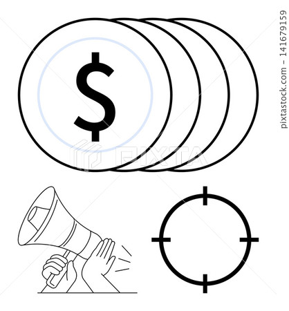 Finance, advertising strategies, target audience, digital marketing, investment, business goals. Dollar symbols, megaphone and target icon in a minimal black-and-white style. Finance and advertising Finance, advertising strategies, target audience, digital marketing, investment, business goals. Dollar symbols, megaphone and target icon in a minimal black-and-white style. Finance and advertising 141679159