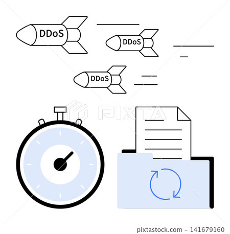 Cybersecurity, DDoS protection, online threats, data recovery, network stability, attack prevention. Rockets labeled DDoS, stopwatch and file folder. DDoS protection and cybersecurity concepts 141679160